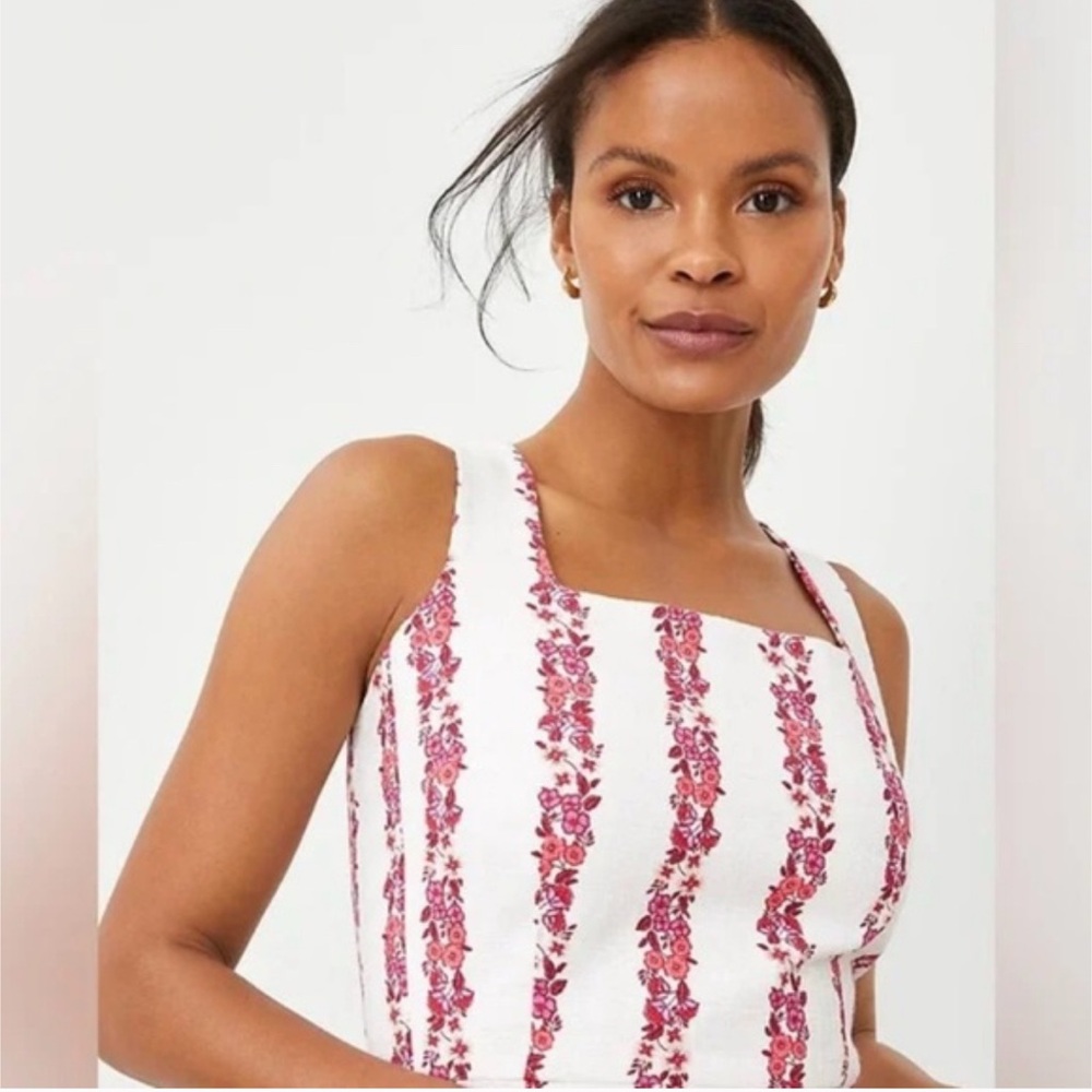 Ann Taylor Pink White Striped Floral Midi Tank Shift Dress Linen 10 Petite 10P